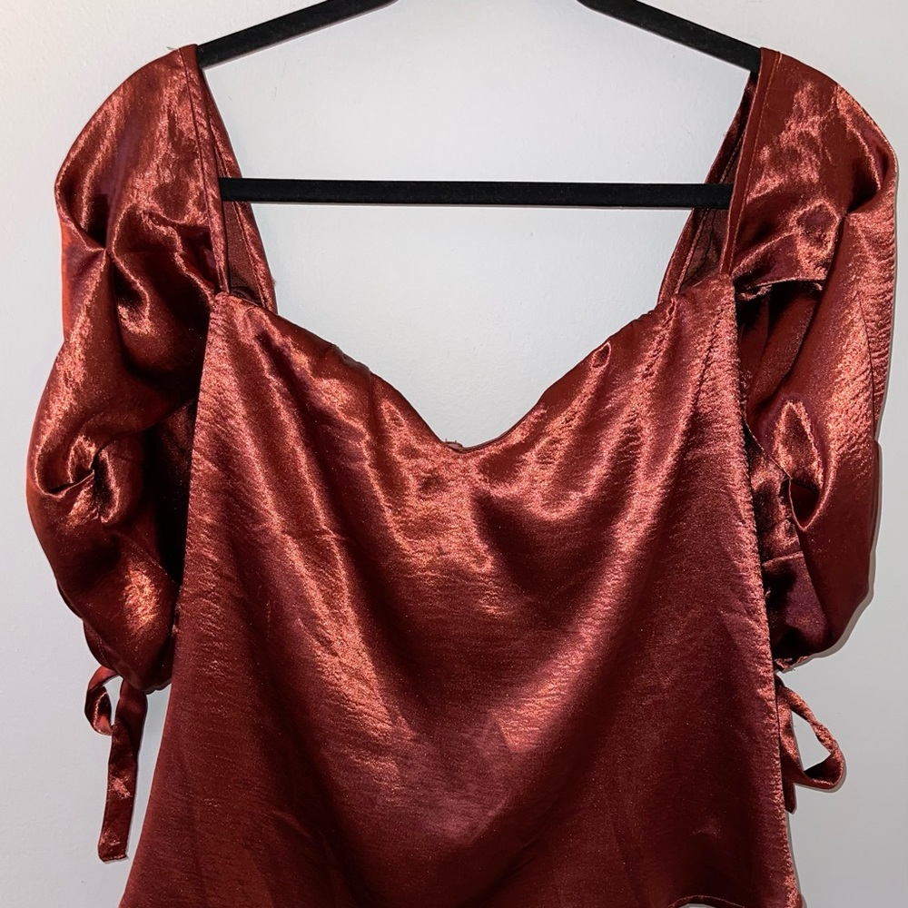 VENUS Rust Satin Puff Sleeve Blouse